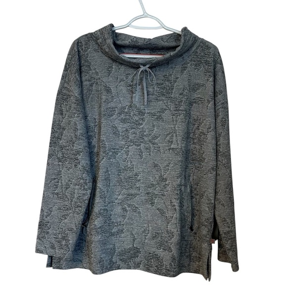 Talbots Sweatshirt Gray Floral Patterned Cowl Neck Zip Up Kangaroo Pocket Size L - Picture 1 of 13
